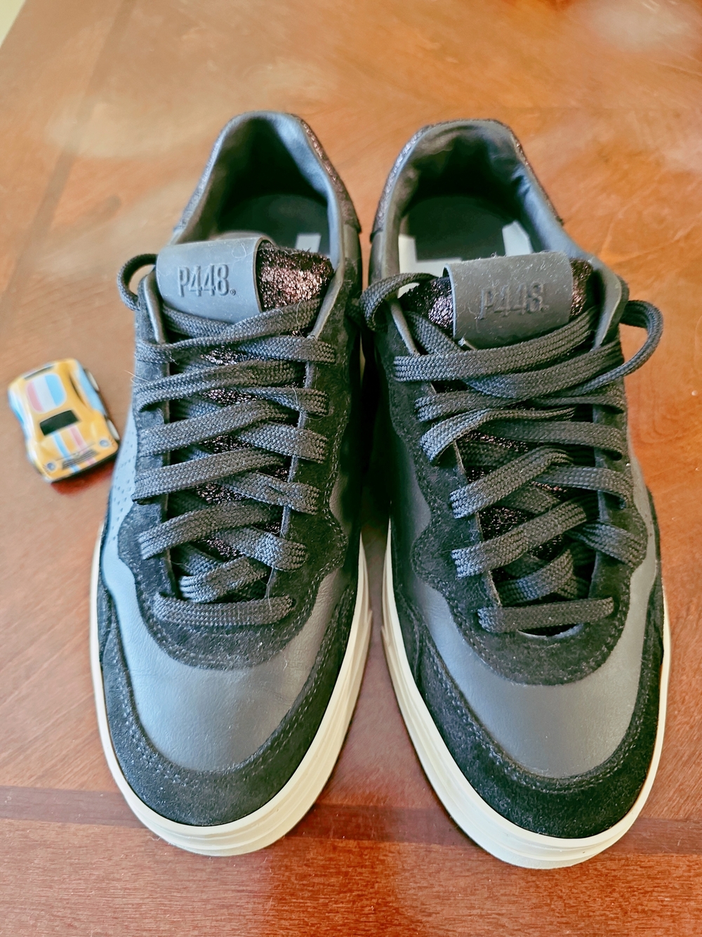 P448 Women's Black Leather & Suede Sneakers with Cream Sole